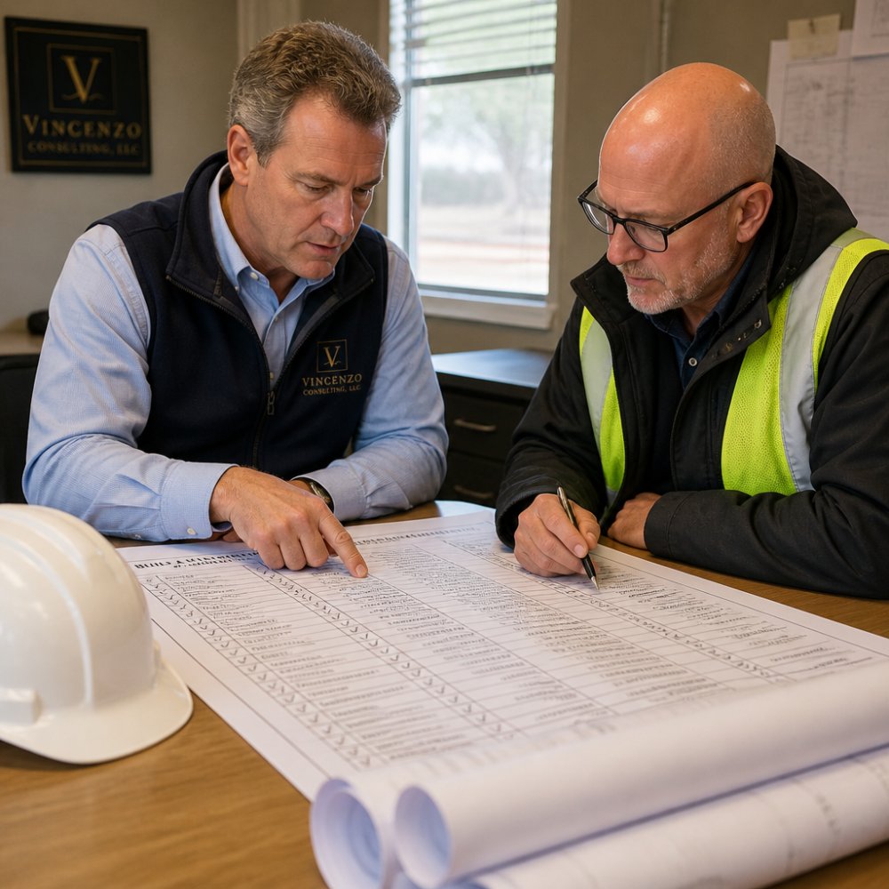 A project owner and construction consultant reviewing a printed compliance checklist spread across a table in a site trailer, with hard hats and rolled blueprints nearby