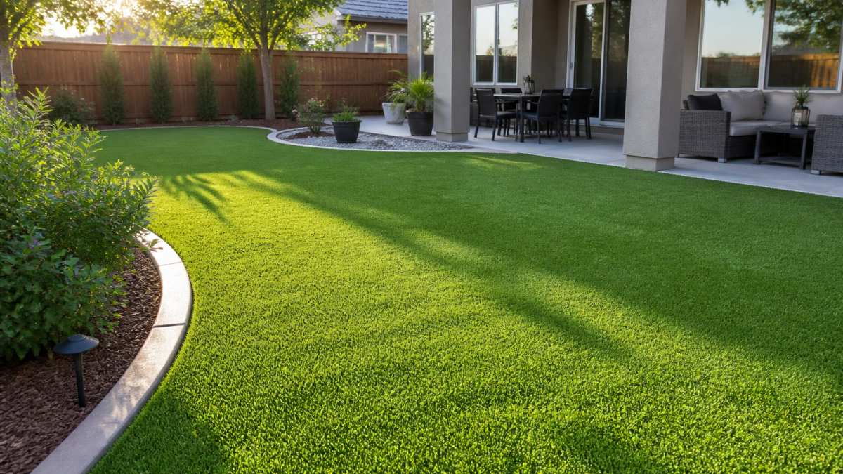 Infographic showing a step-by-step process to finance artificial turf for a realistic, quad-color residential lawn.