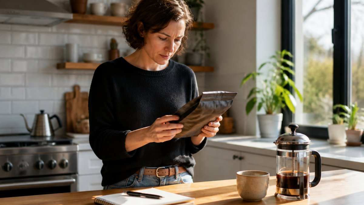 Customer in bright modern kitchen holding a bag of specialty coffee beans, reading the label closely with a notepad and pen on the counter nearby, natural window light streaming across the scene