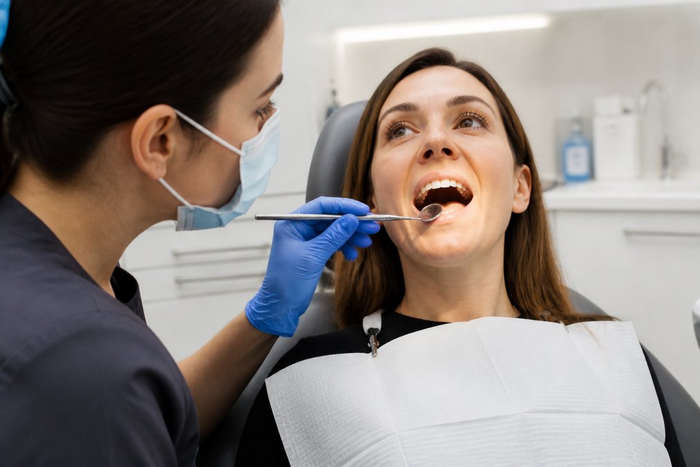 A close-up of a dentist's gloved hands examining a patient's teeth with a dental mirror in a modern, bright clinic