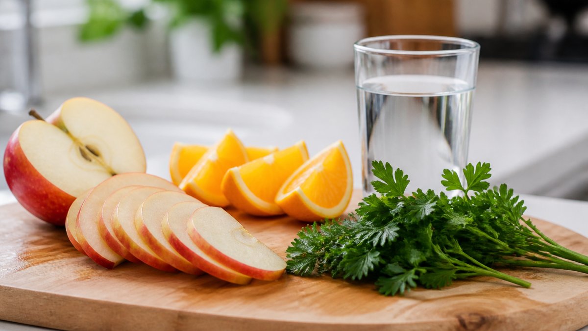 Sliced apples, orange wedges, and fresh parsley arranged on a wooden cutting board next to a glass of water