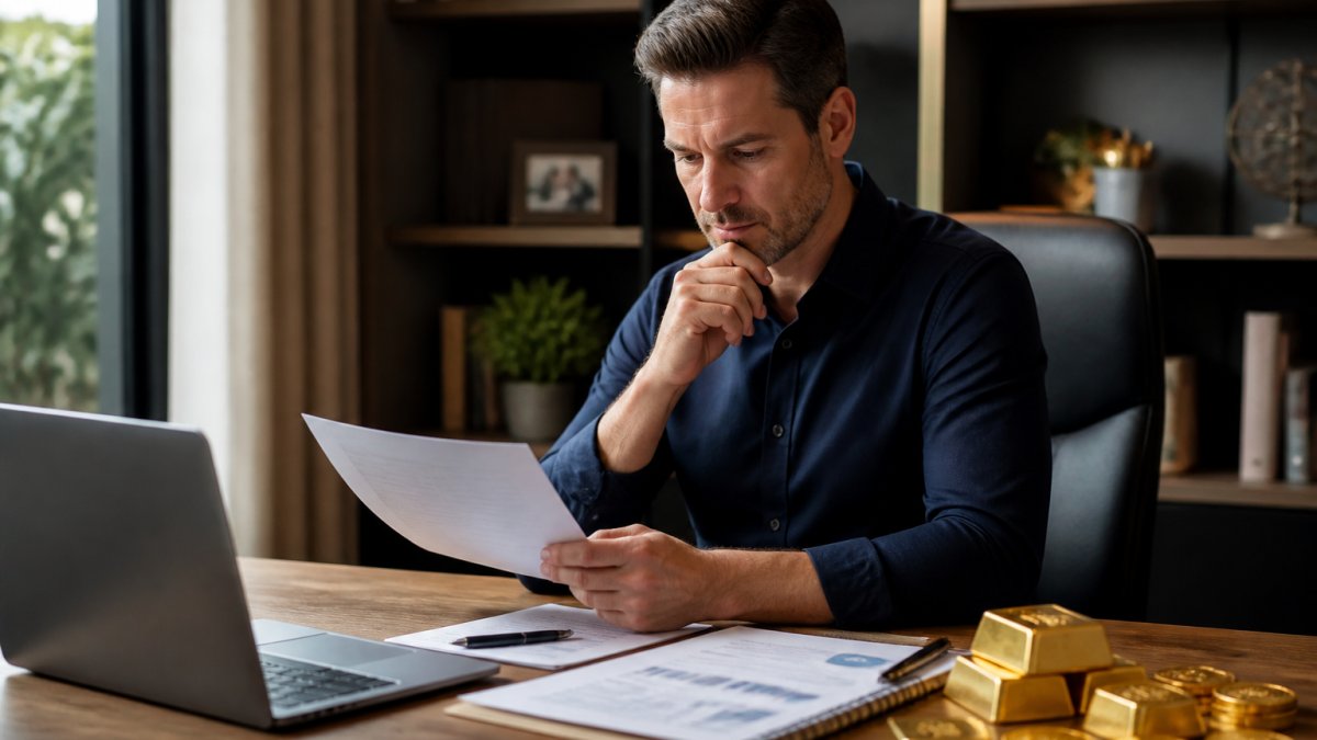 Professional investor reviewing gold market data and strategy documentation on a laptop in a modern home office, with gold bullion visible on the desk