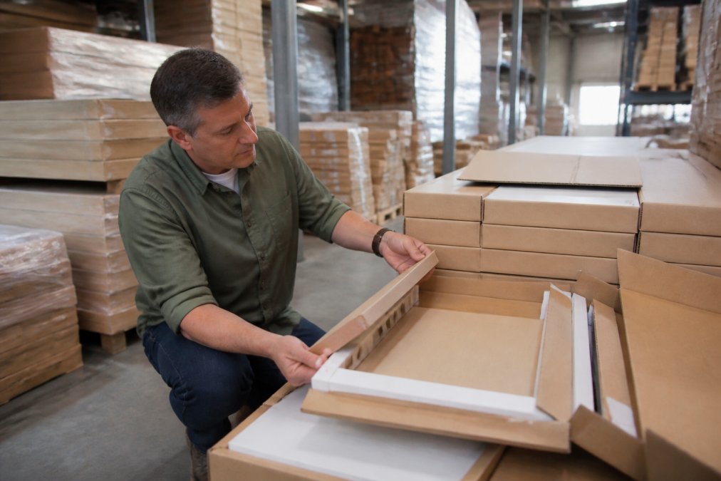 Professional contractor examining and inspecting flat-pack cabinet boxes in a warehouse setting, reviewing packaging and quality control, natural warehouse lighting