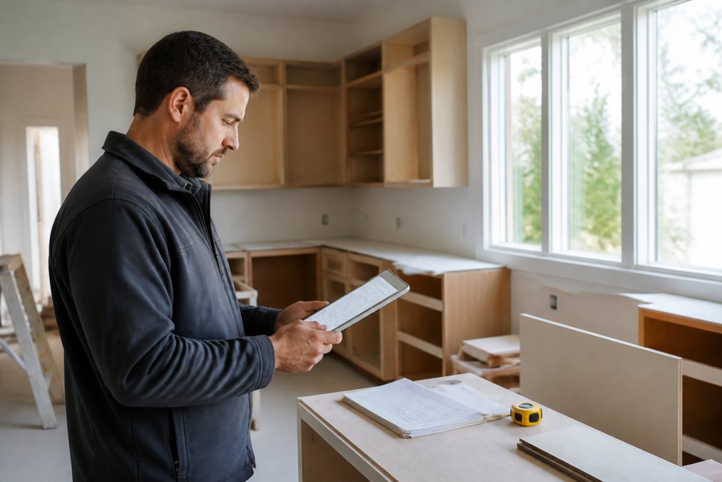 Professional contractor or project manager reviewing kitchen cabinet specifications, measurements, and order details on tablet while examining kitchen space, natural daylight from windows