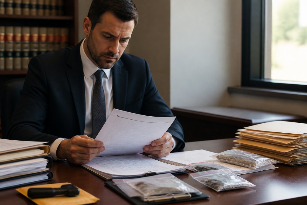 Criminal defense attorney reviewing case documents and evidence files at a desk in a law office with natural lighting