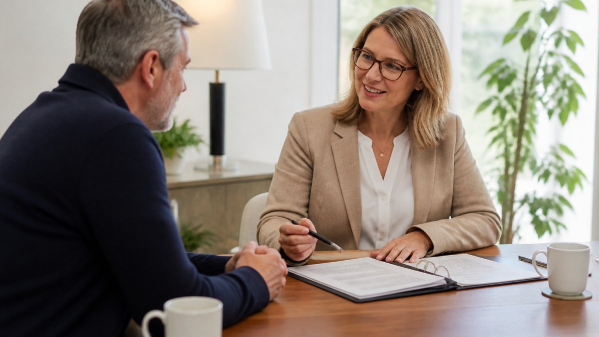 Mature professional discussing life insurance health issues with an insurance agent in a bright office.