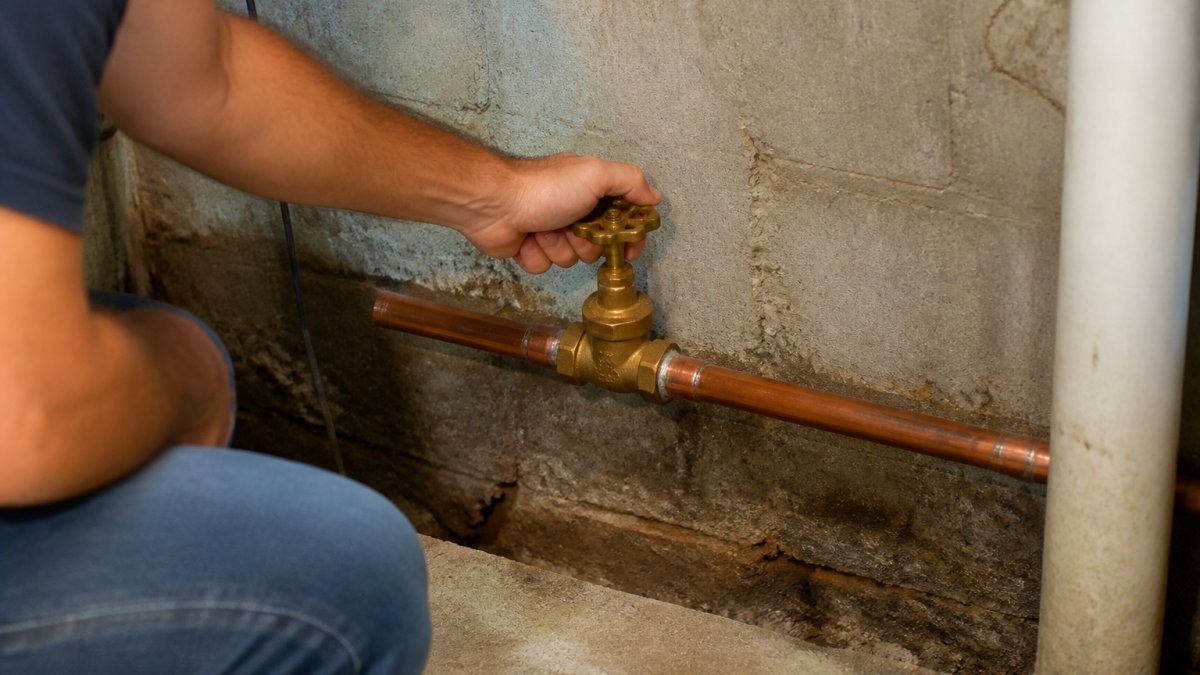Professional plumber's hand turning off a main water shut-off valve located in basement near foundation wall, showing brass valve handle and copper pipe connections