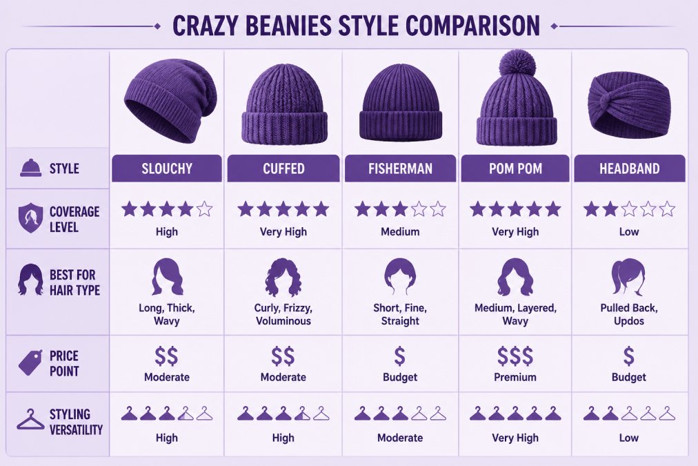 Comparison matrix showing 5 Crazy Beanies styles with coverage level, best for hair type, price point, and styling versatility
