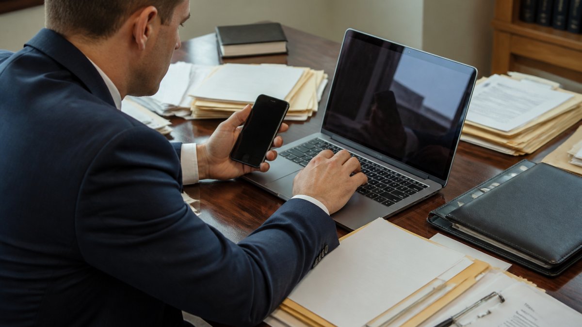 Professional examining electronic communications on laptop and smartphone displaying email threads and messaging applications with documents on desk