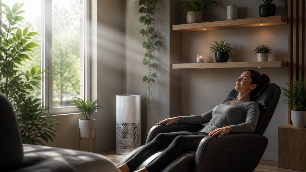 Person relaxing in a serene wellness room with potted plants and an air purifier nearby