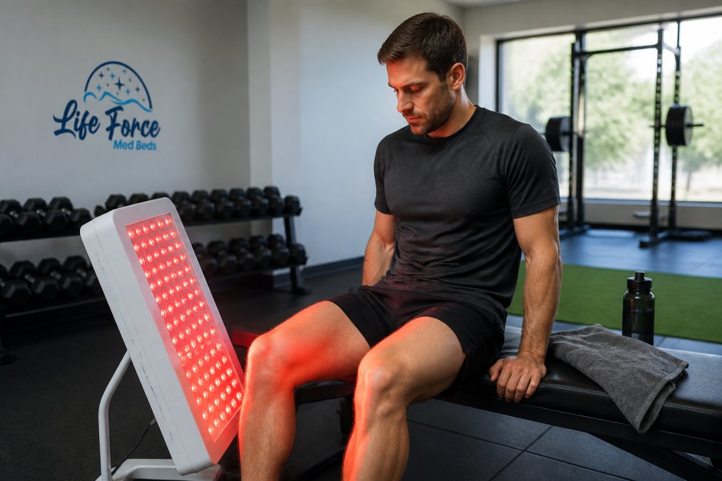 A male runner in his thirties sitting on a gym bench with a red and near-infrared LED light panel angled toward his quadriceps, recovery towel and water bottle nearby, bright modern training facility