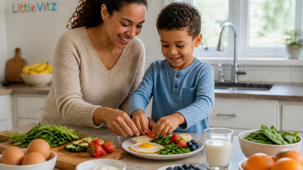 A parent and young child smiling while preparing a balanced meal of eggs, greens, and fruit in a sunny kitchen.