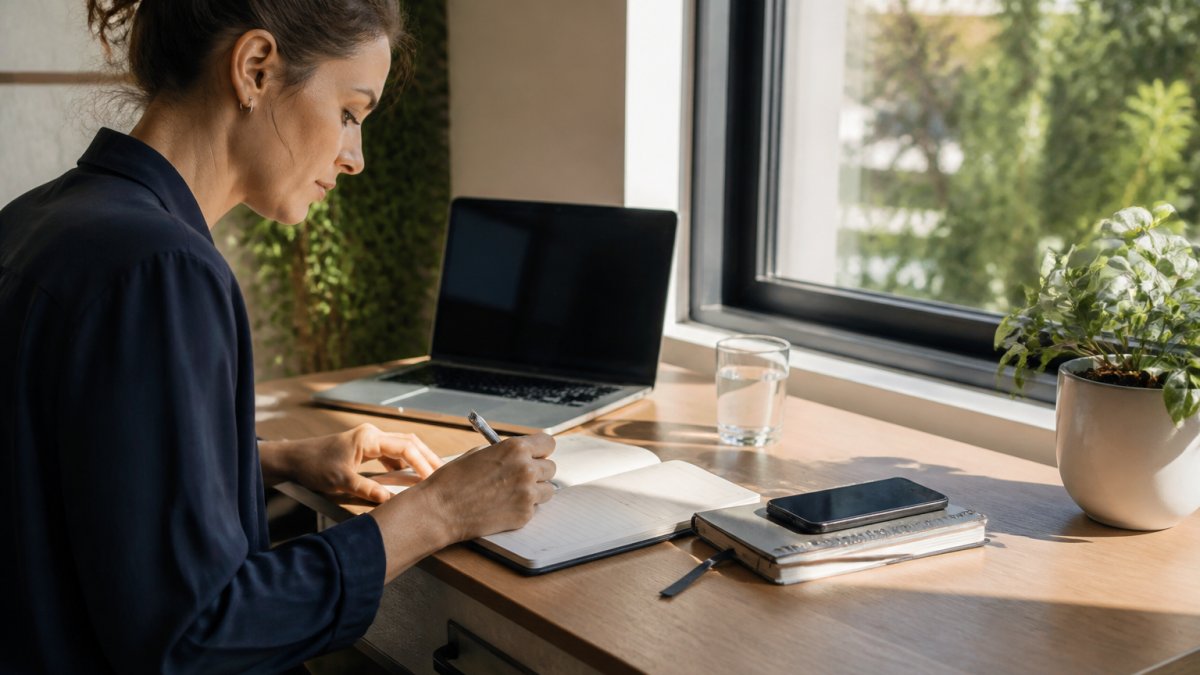 Professional writing a daily plan in a notebook to support executive function at work while using a digital calendar.