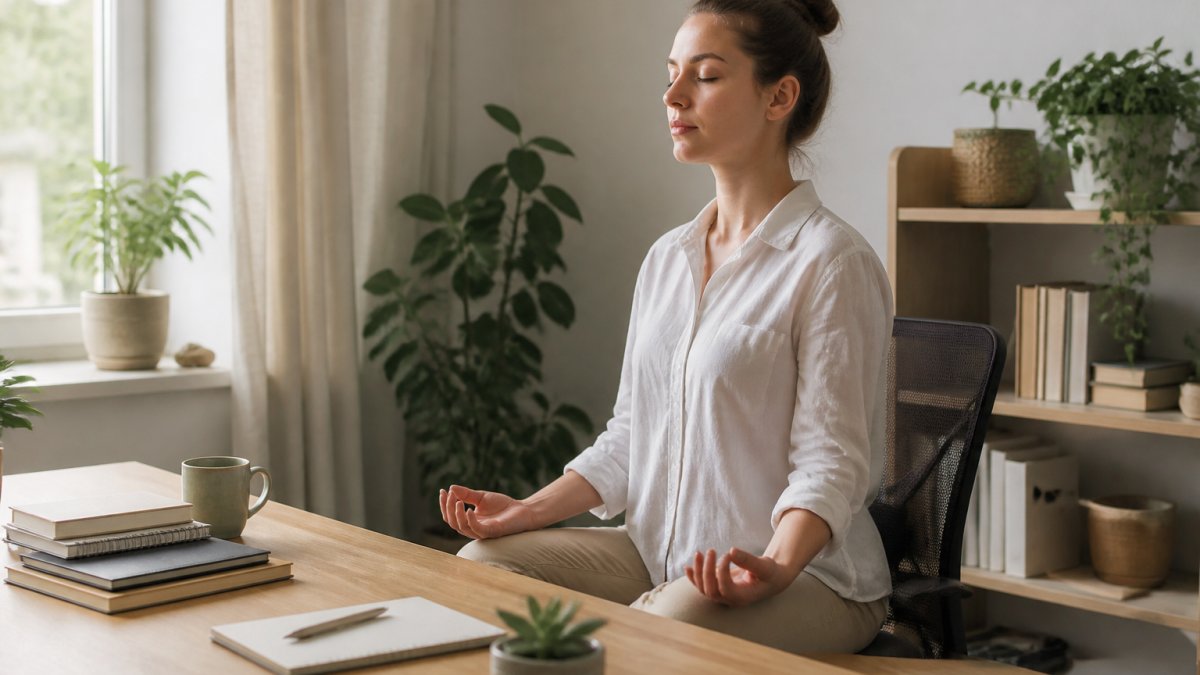 A person sitting at a tidy desk with eyes closed, hands resting on knees, taking a mindful breathing break in a bright home office