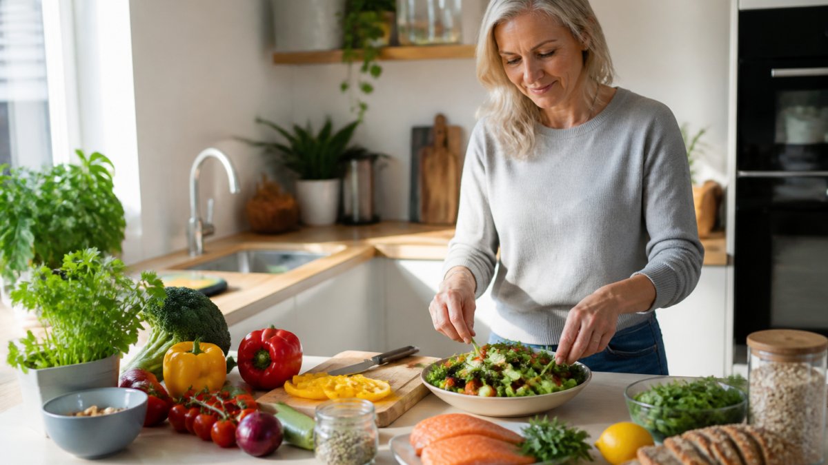 A woman in her late forties preparing a colourful balanced meal in a bright kitchen, with fresh vegetables, oily fish and wholegrains visible on the counter