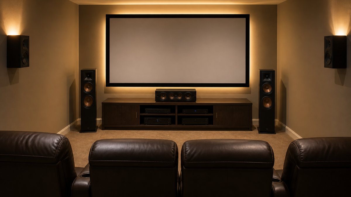 Home theater room with center speaker mounted at ear level on TV stand, left and right front speakers positioned at 22-30 degrees from center, and surround speakers on side walls at ear height, warm lighting from bias lighting behind screen
