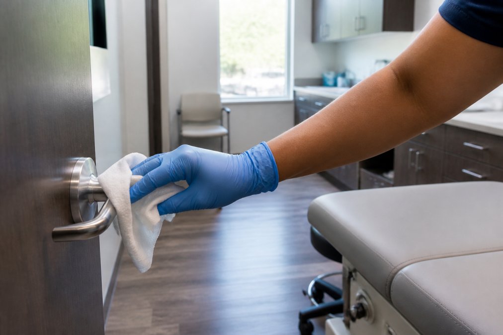 Cleaning professional using blue gloves to disinfect a stainless steel door handle for infection control.