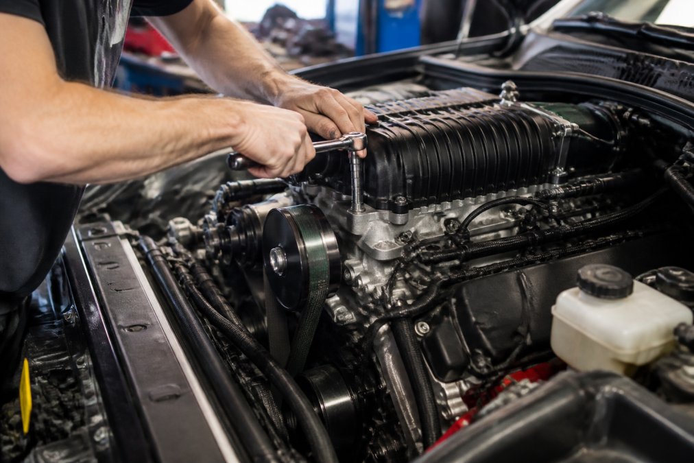 Close-up of a mechanic's hands installing a bolt-on supercharger kit on a V8 engine in a well-lit garage, with tools and the supercharger unit visible