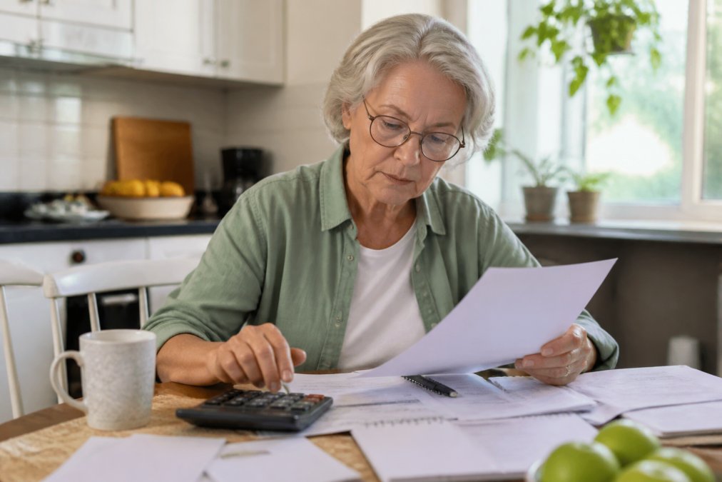 Senior reviewing Medicare documents and healthcare bills at a kitchen table with a calculator and notepad, natural morning light from window