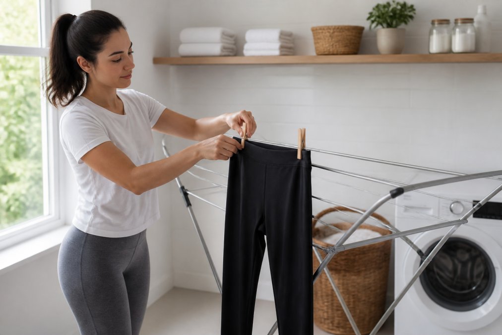 A woman hanging a pair of black compression leggings on a drying rack in a bright, airy laundry room, natural light coming from a window nearby