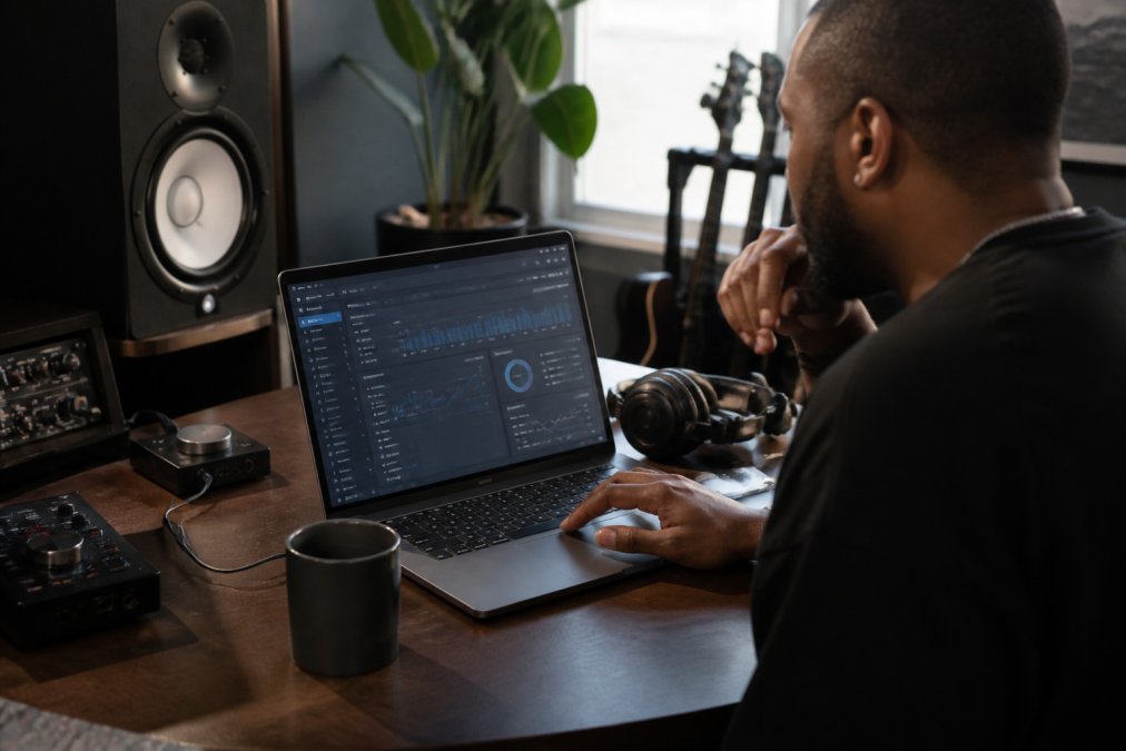 Music manager or label owner reviewing artist roster data and analytics on a laptop screen in a modern home studio office workspace with natural window lighting