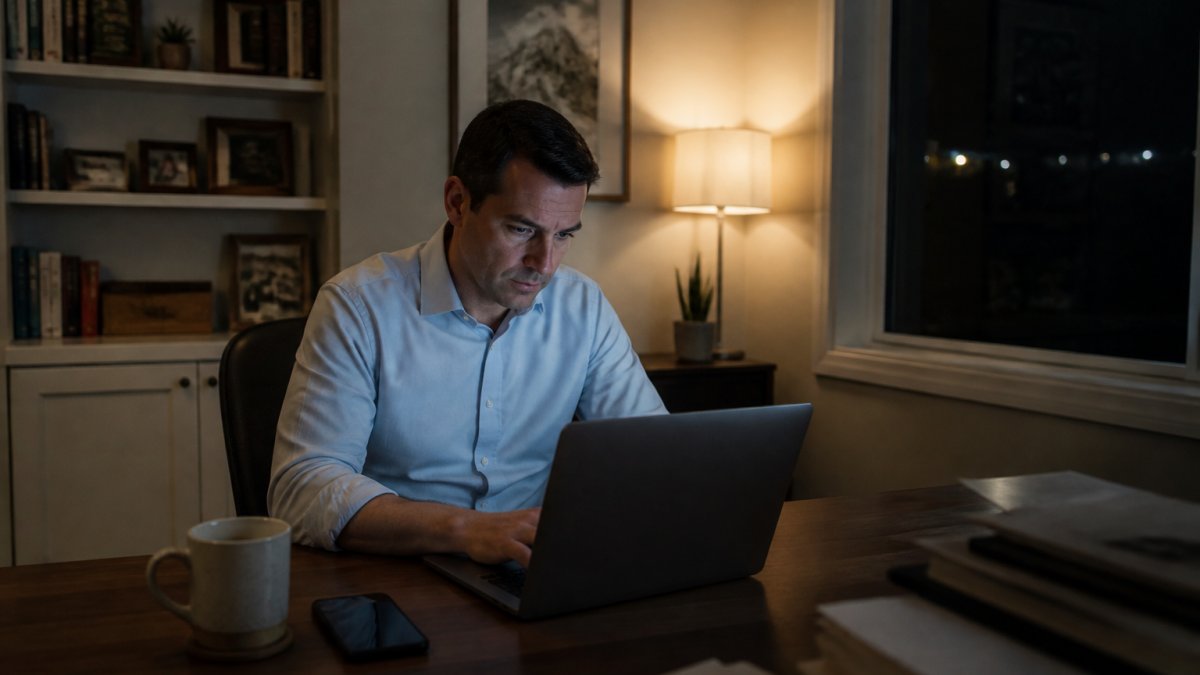 Man in a blue button-down shirt working on a laptop at night, with a phone and mug beside him in an office.