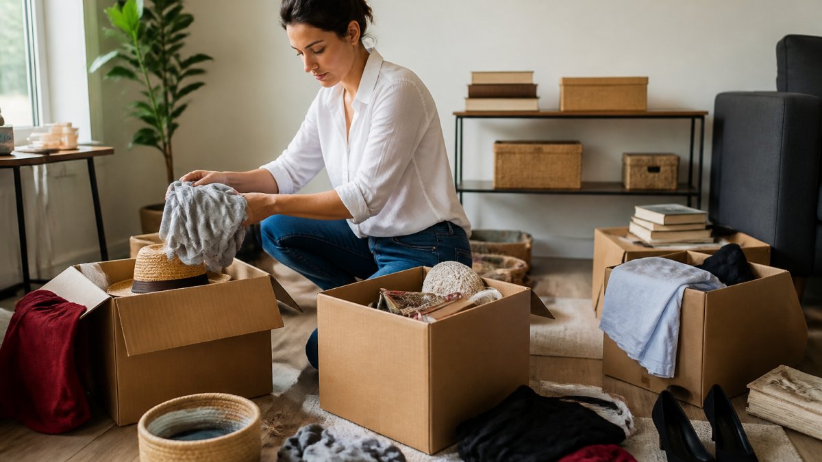 Person sorting household items into labeled boxes in a living room, with piles of keep, donate, and discard items visible on the floor