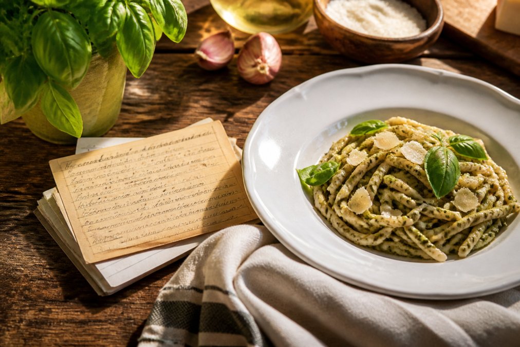 A close-up of a handwritten family recipe card next to a beautifully plated pasta dish on a rustic wooden table, with fresh basil and a soft linen napkin under warm afternoon light