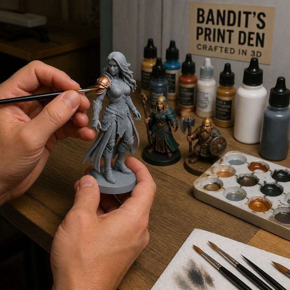 Hands carefully applying acrylic paint to a finished 3D printed figurine using a fine detail brush, with multiple paint containers, primer bottles, and other fully painted miniature figures displayed on a wooden work surface