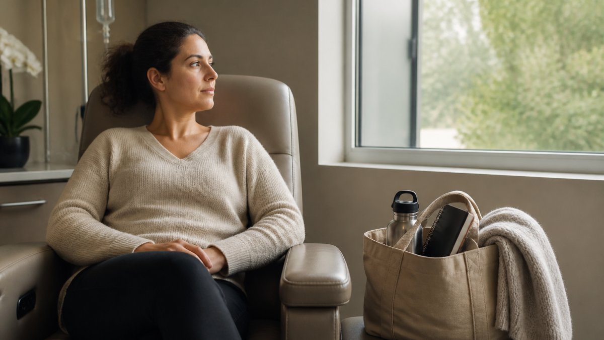 A calm patient sitting in a comfortable chair at a clinic, with a small tote bag holding a water bottle, a notebook, and a light sweater resting beside them, soft natural light coming through a window