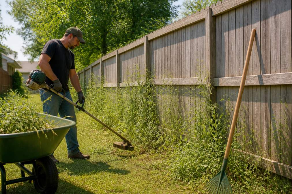 Homeowner using a string trimmer to clear weeds for fence installation in a sunny residential backyard