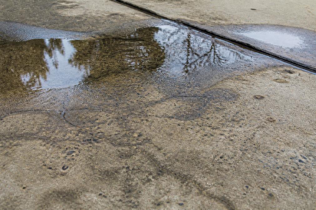 Close-up of water pooling on concrete driveway surface showing moisture accumulation and dark staining patterns from water damage