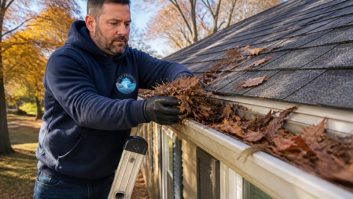 Homeowner on a ladder clearing leaves from a gutter to prevent gutter overflow on a clear autumn day