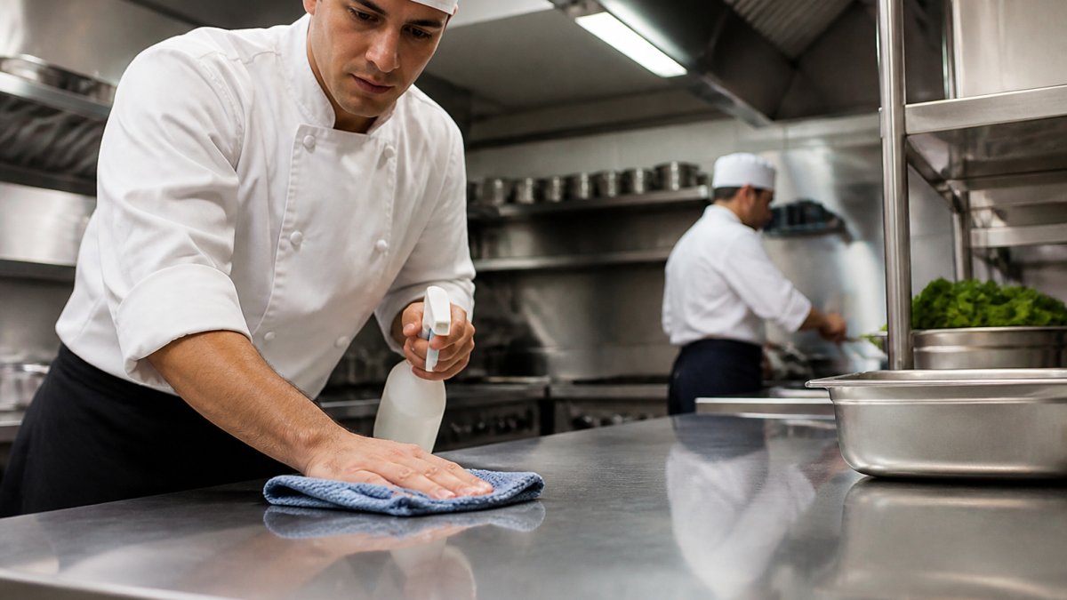 Kitchen staff sanitizing stainless steel surfaces as one of 5 ways to prevent pests in a restaurant.