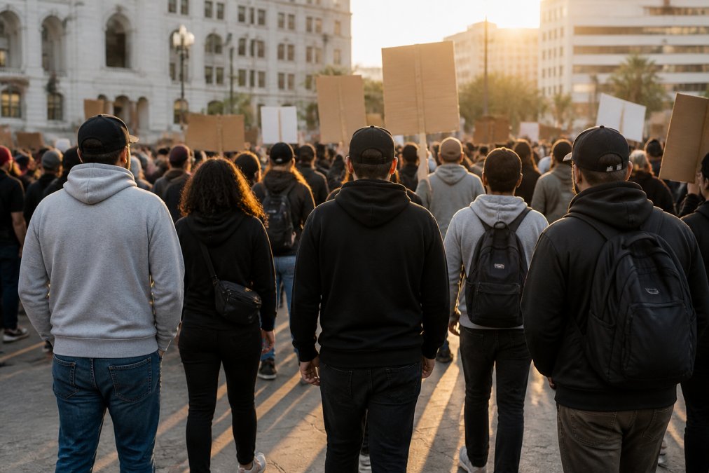 A diverse group of protesters seen from behind at a slight distance in a public square, some wearing slogan hoodies and caps, holding cardboard signs, late afternoon light casting long shadows