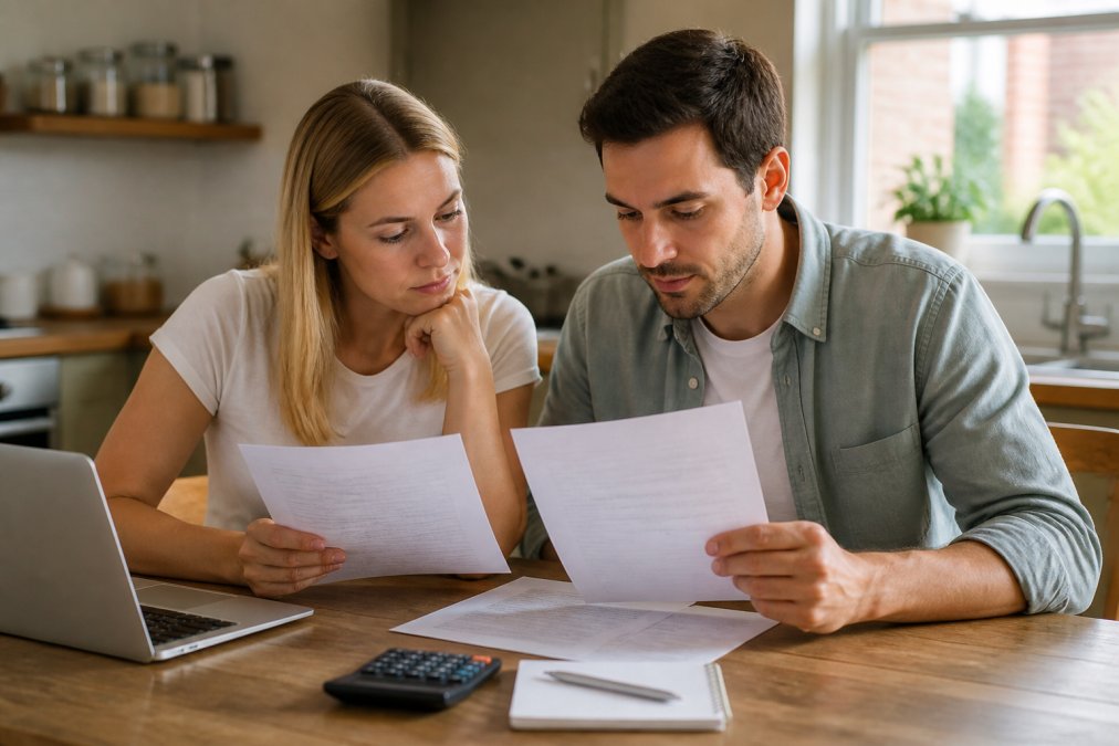 A couple in their thirties sitting at a kitchen table reviewing printed conveyancing quotes and a laptop, with a calculator and notepad nearby, natural daylight from a window