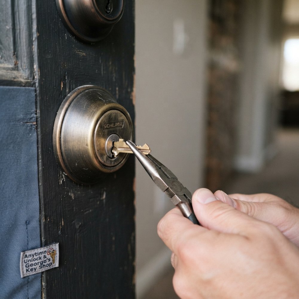 Close-up of hands using needle-nose pliers to grip a broken key fragment protruding from a door lock cylinder, with natural lighting showing the key teeth and lock face clearly