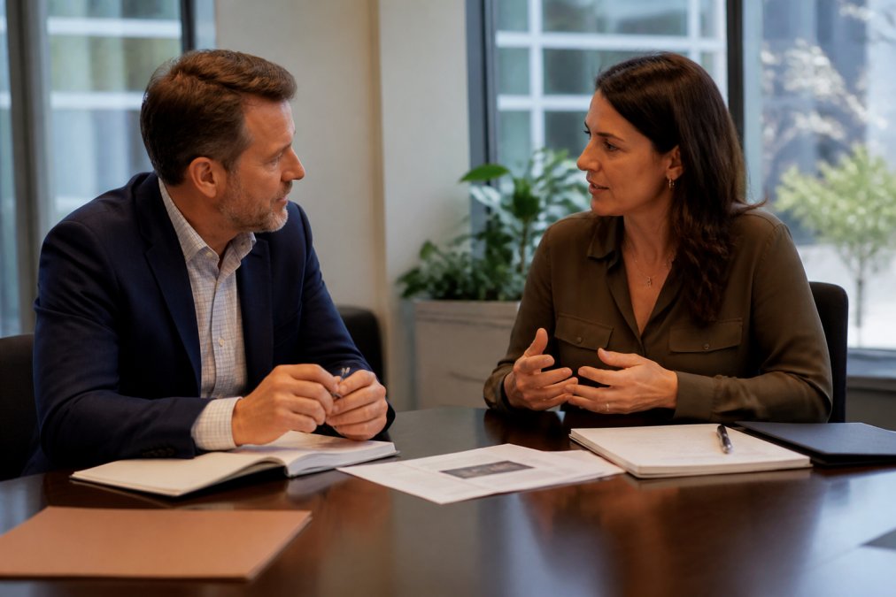 Two business partners sitting at a conference table having a focused discussion, with documents and notebooks visible, demonstrating professional dialogue and active listening in a modern office setting with natural lighting