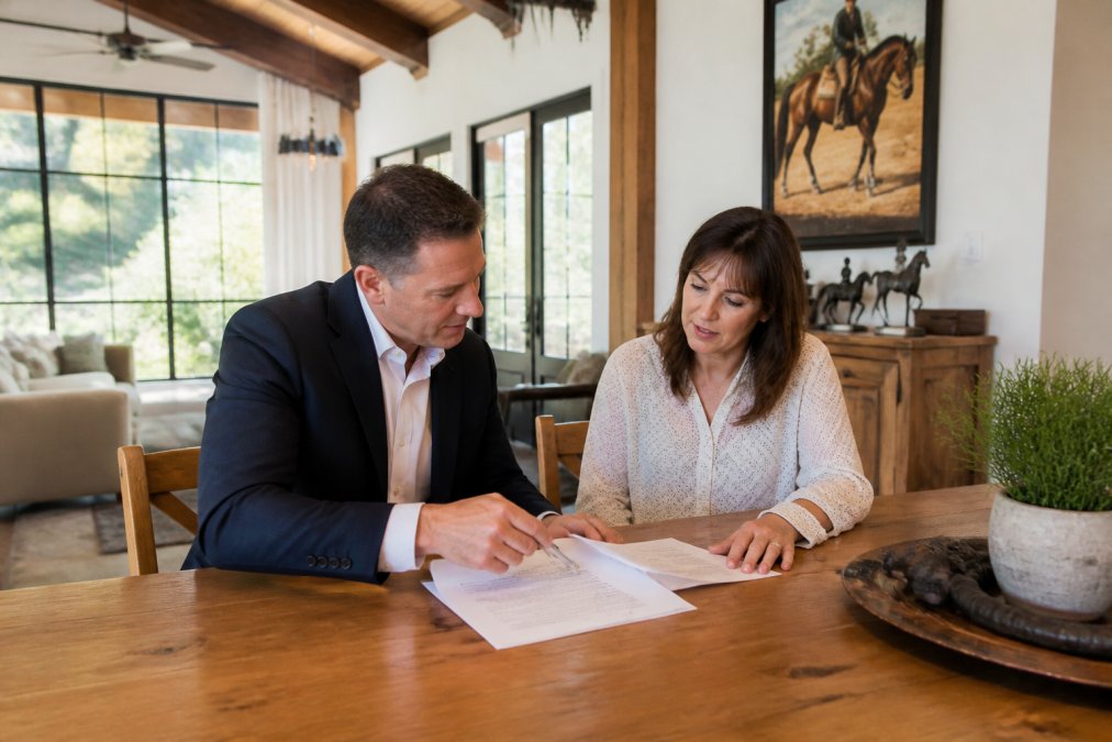 A real estate agent and a homeowner reviewing sale documents at a wooden table inside a bright, ranch-style home, equestrian decor and large windows visible in the background
