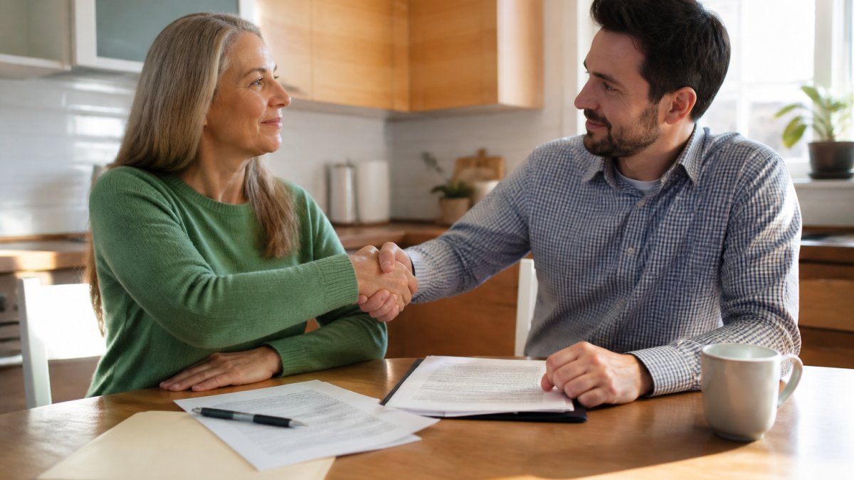 Two adults reviewing legal documents and shaking hands at a kitchen table with natural afternoon lighting, representing agreement between co-owners on property matters