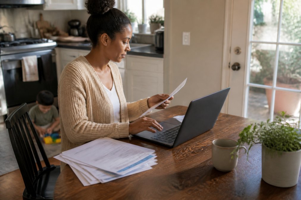 A parent sitting at a kitchen table with a laptop open to an insurance folder, paper policy documents stacked beside a coffee mug, a child playing on the floor nearby, warm afternoon light through the window