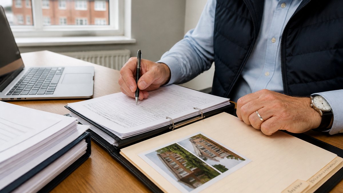 Property manager reviewing a rental application to help spot fake rental references at a desk