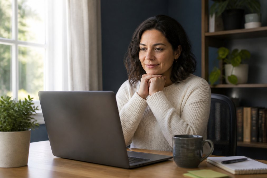 A woman sits at a cozy desk during a video call to stay motivated while participating in a support group.