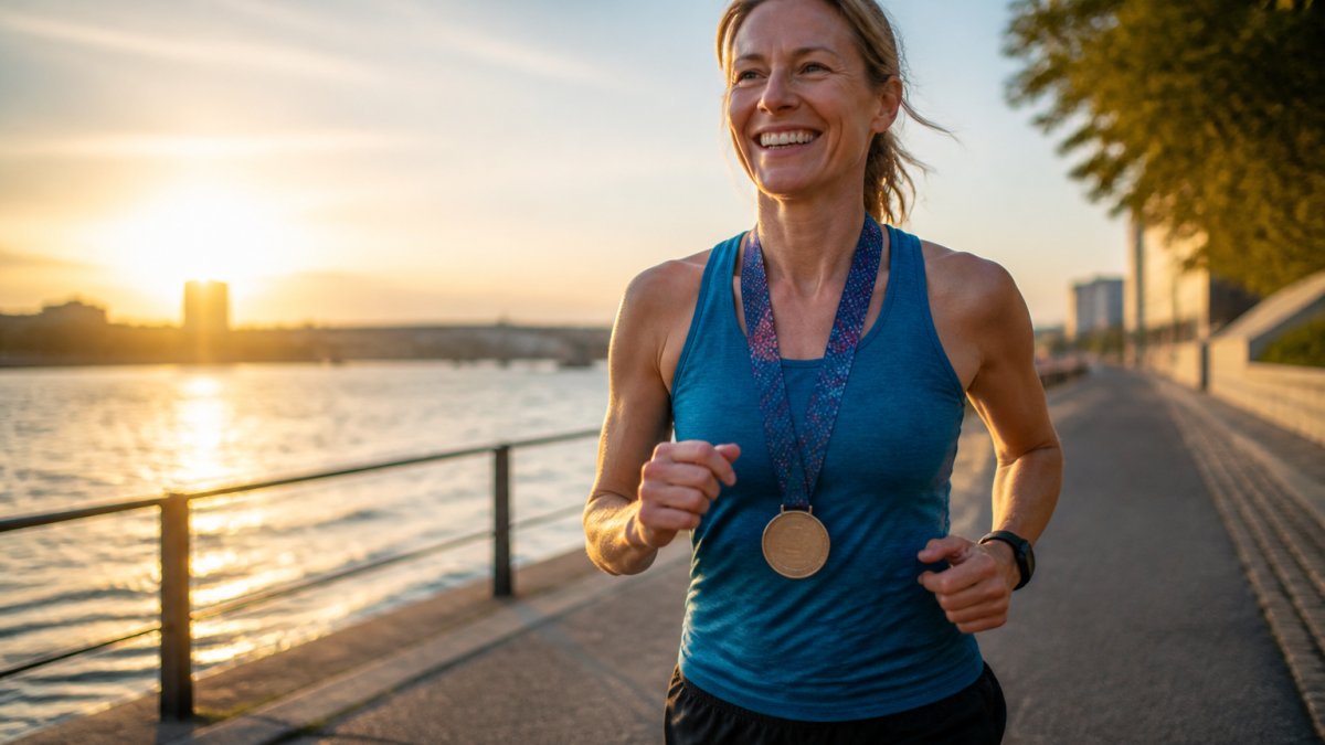 A woman in her forties running along a riverside path at sunrise, wearing running gear and a smile, with a virtual race medal visible on a lanyard around her neck