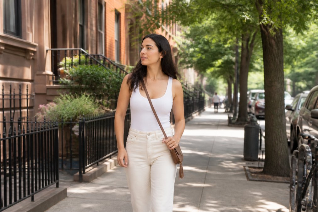 Solo female traveler walking confidently on a well-lit, tree-lined urban street during daytime, wearing a crossbody bag and glancing at her surroundings with calm awareness