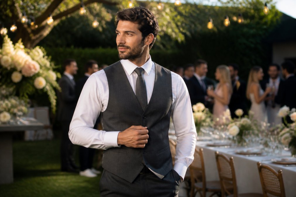 A man in a tailored waistcoat, crisp white shirt and tie standing at a wedding reception, adjusting his waistcoat with one hand, warm natural light, elegant outdoor setting