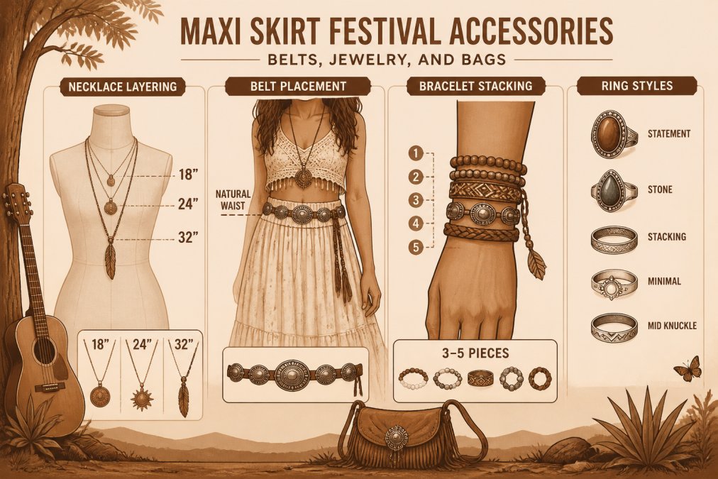 Accessory layering guide showing necklace length combinations (18", 24", 32" lengths), concho belt placement at natural waist, bracelet stacking patterns (3-5 pieces), and coordinating ring styles with boho maxi skirts