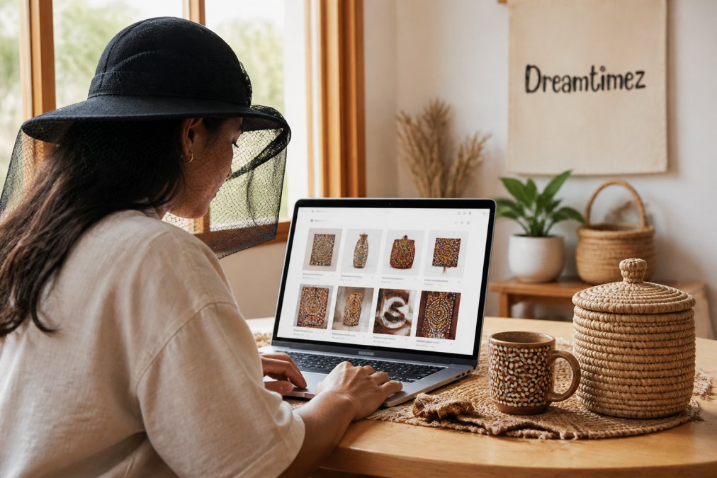 A person browsing authentic Indigenous art products on a laptop in a bright home setting, with a fly net hat and woven homewares on the table beside them