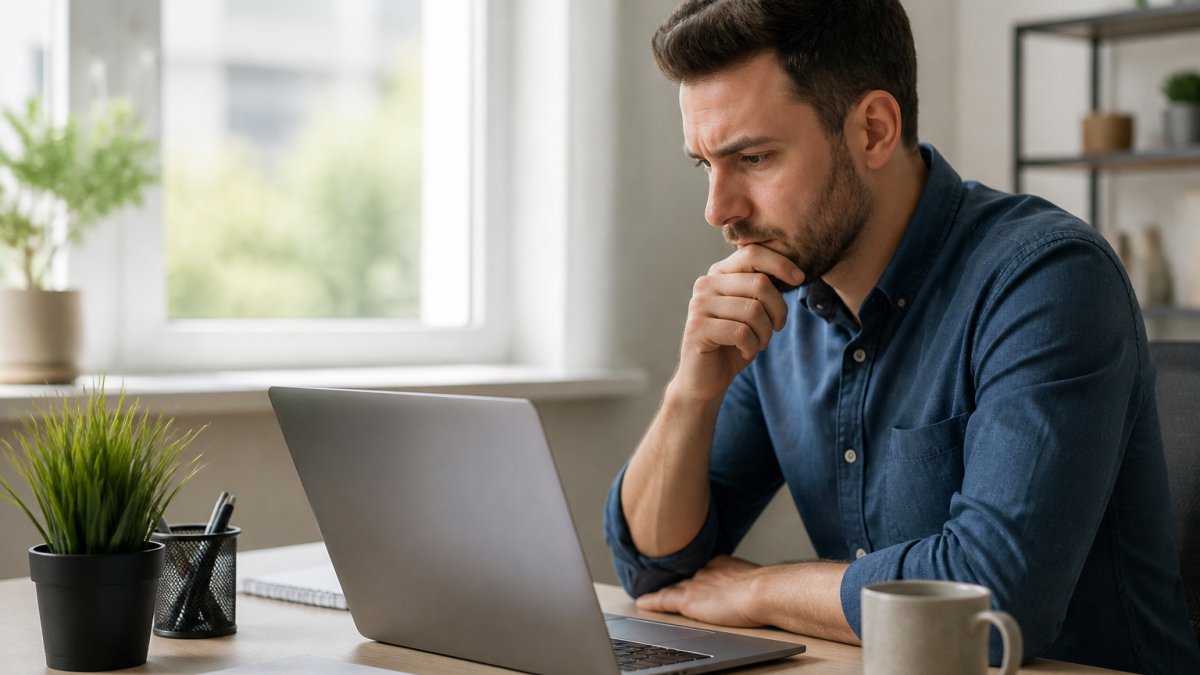 Professional sitting at a desk, carefully reading online reviews on a laptop with a skeptical expression.