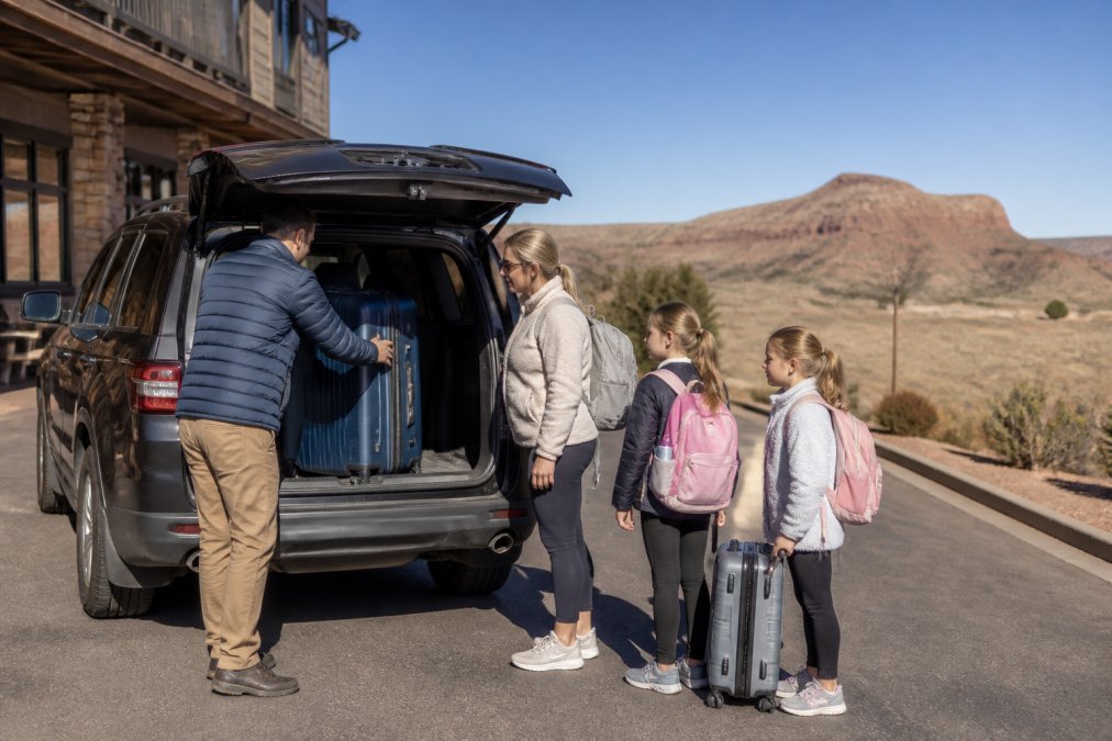 Family loading luggage into an SUV parked at a Tusayan hotel, with desert landscape and clear sky visible in the background